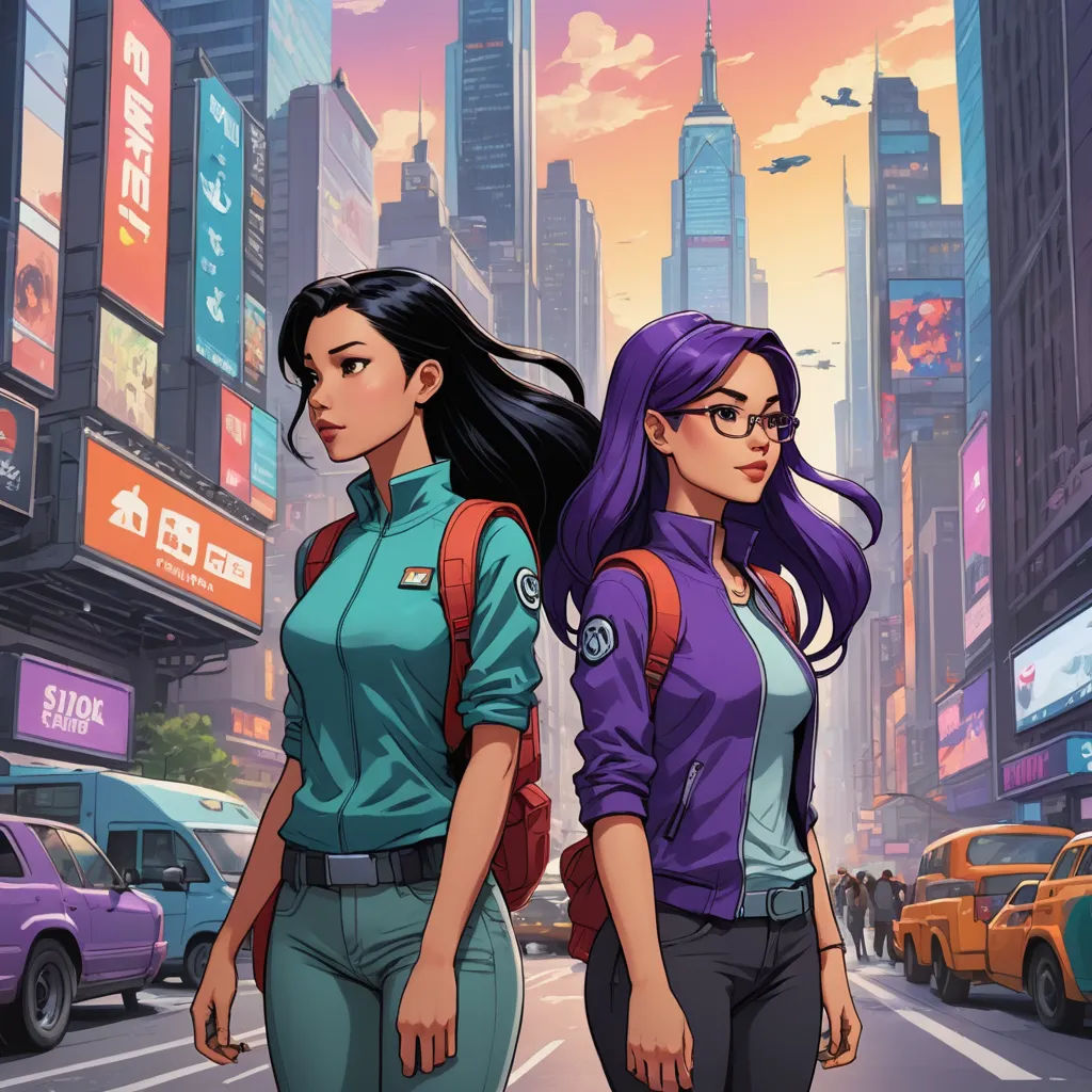 two women walking down a city street in front of tall buildings and neon signs with a sky background that reads,, sots art, poster art, Artgerm, key art