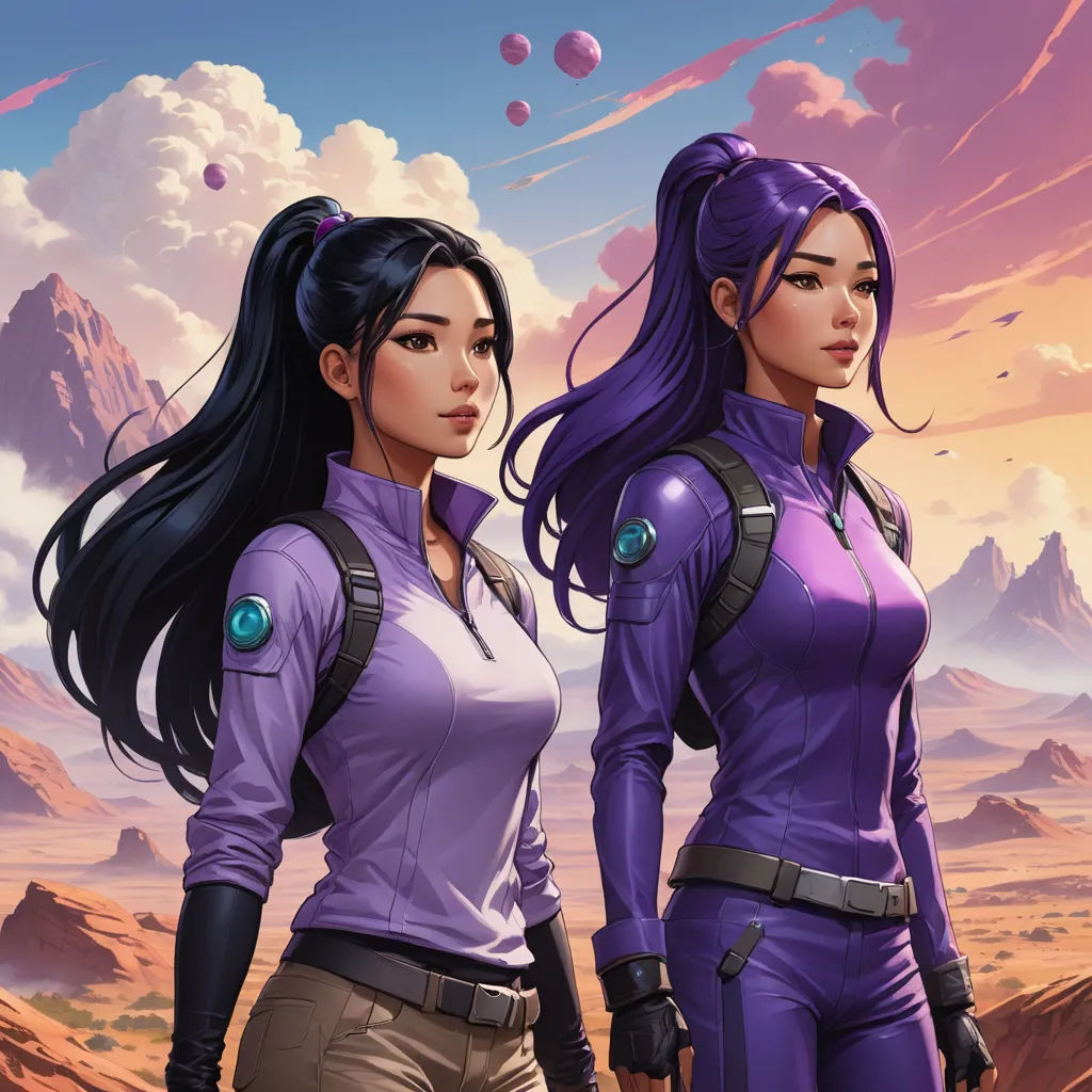 two women in purple outfits standing in front of a mountain range with balloons in the sky above them and a pink sky, space art, concept art, Artgerm, comic cover art