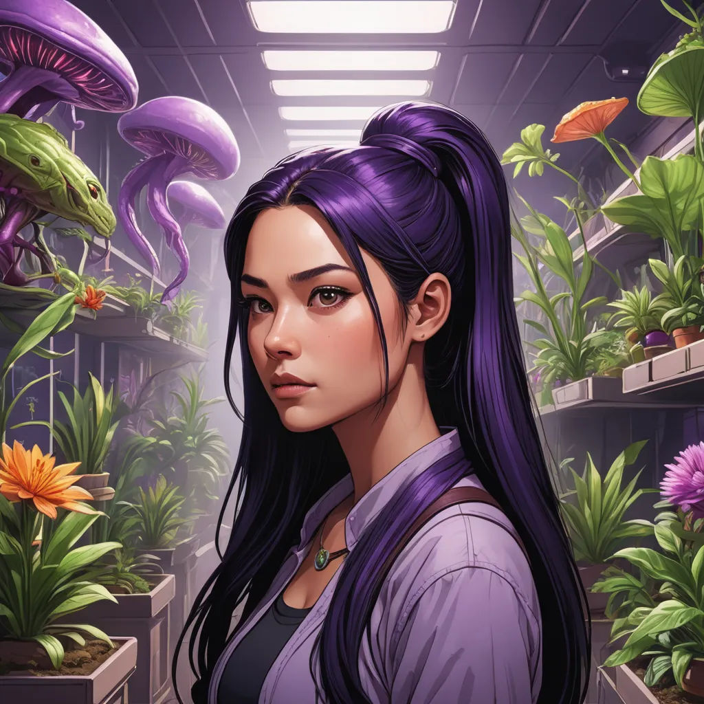 a woman with long purple hair standing in a room filled with plants and flowers and a purple jellyfish, fantasy art, a character portrait, Artgerm, stanley artgerm lau