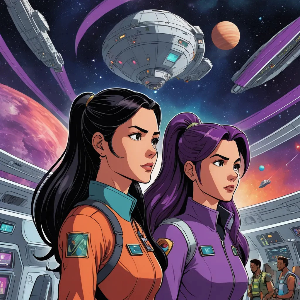 two women in space with a spaceship in the background and a planet in the background, with a few people standing around, space art, poster art, Eve Ryder, comic cover art