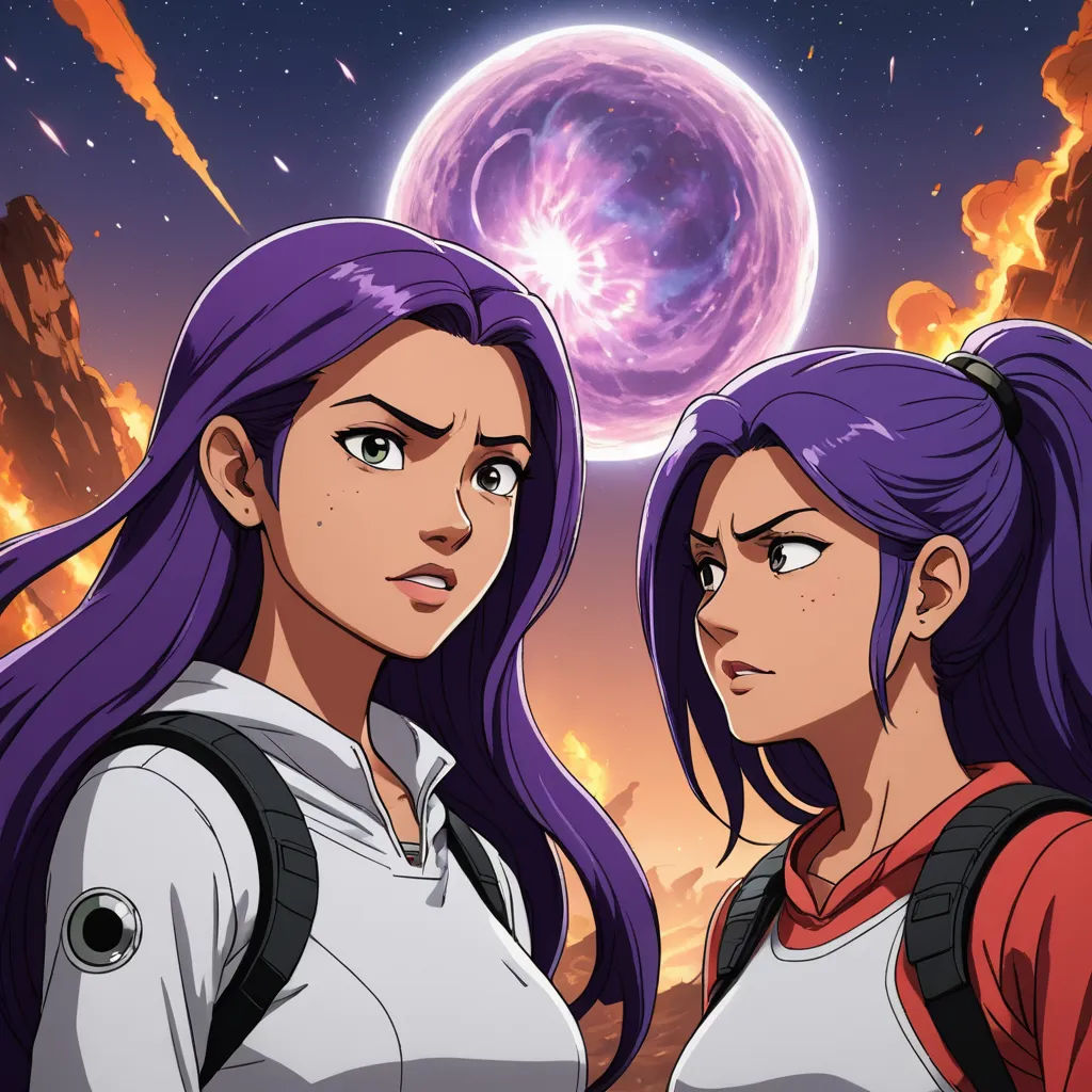 two girls standing next to each other in front of a purple moon and stars filled sky with a pink and purple star, space art, poster art, Ada Gladys Killins, official art