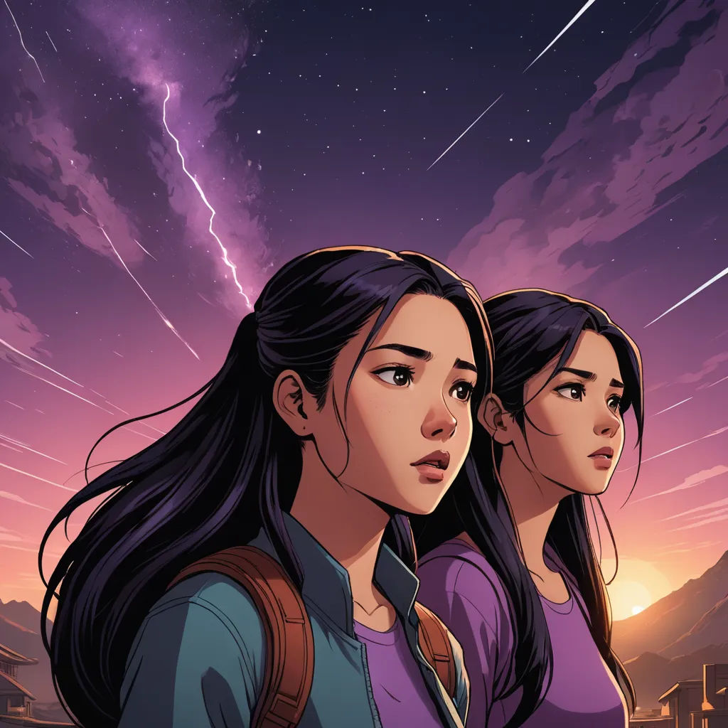 two young women standing next to each other under a purple sky with stars and a lightning bolt in the background, serial art, poster art, Artgerm, comic cover art