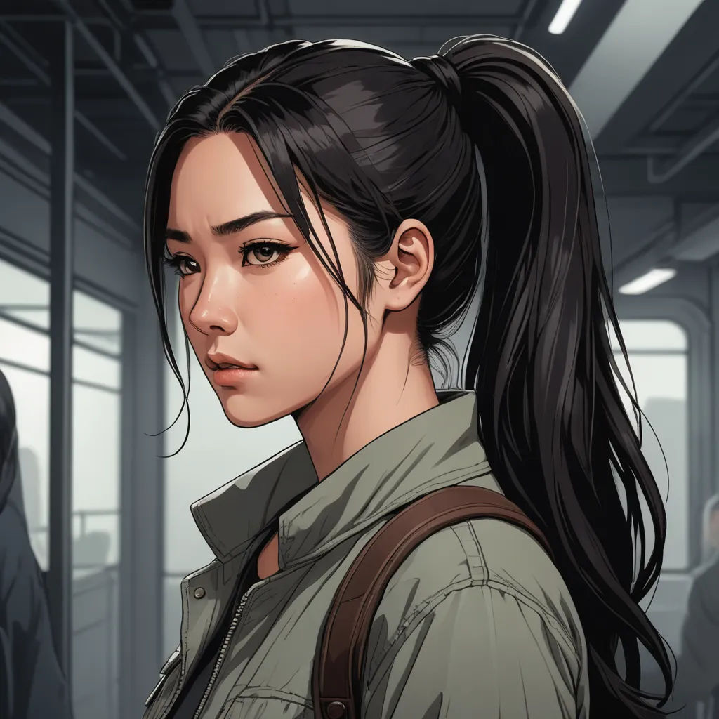 a woman with a ponytail standing in a room with a man in the background and a man in the background, sots art, a character portrait, Artgerm, stanley artgerm lau