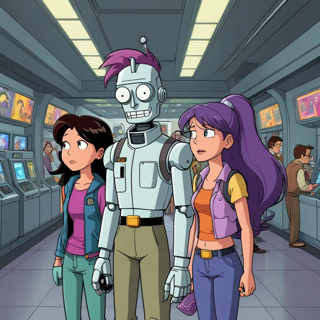 a cartoon of a robot and two girls in a room with people watching them from the other side of the room, sots art, concept art, Adam Rex, promotional image