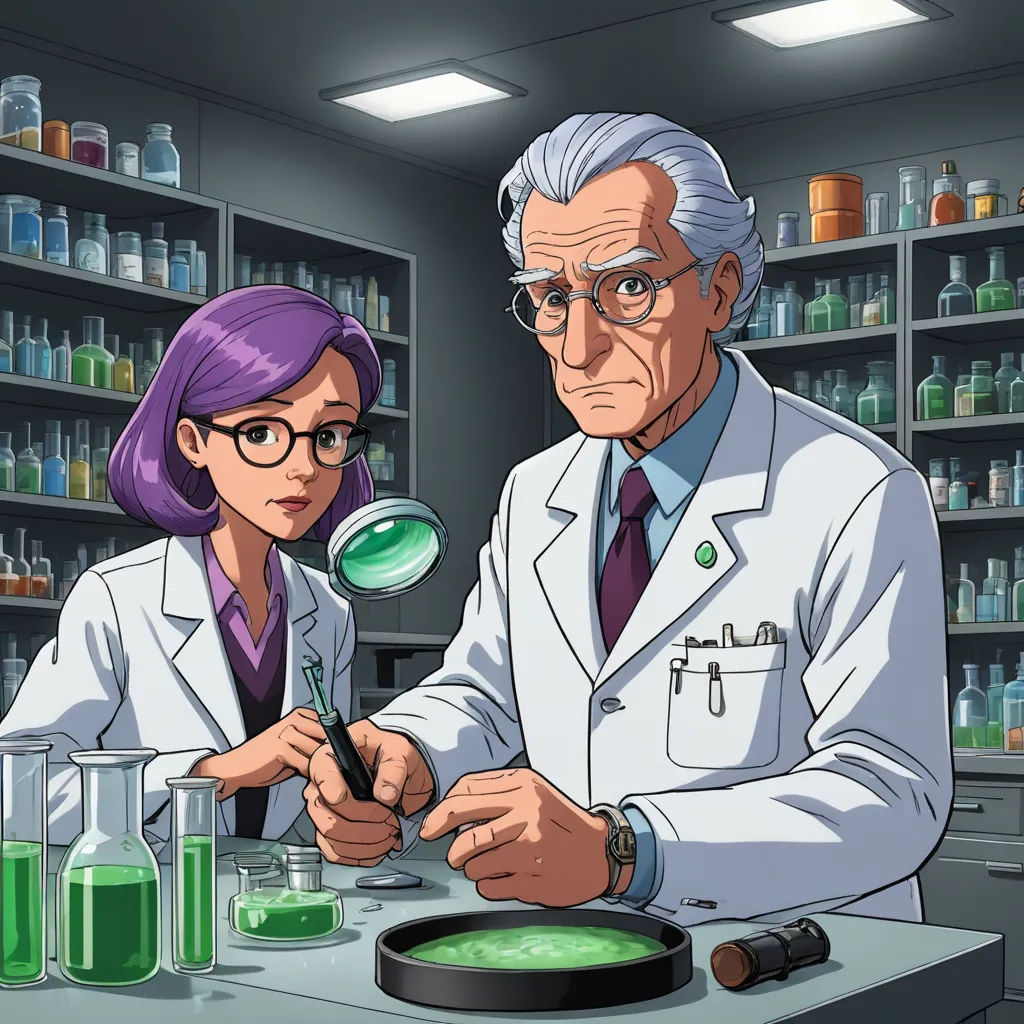 a man and woman in a lab coat looking at a green substance in a bowl with a magnifying glass, serial art, a character portrait, Eizan Kikukawa, official art