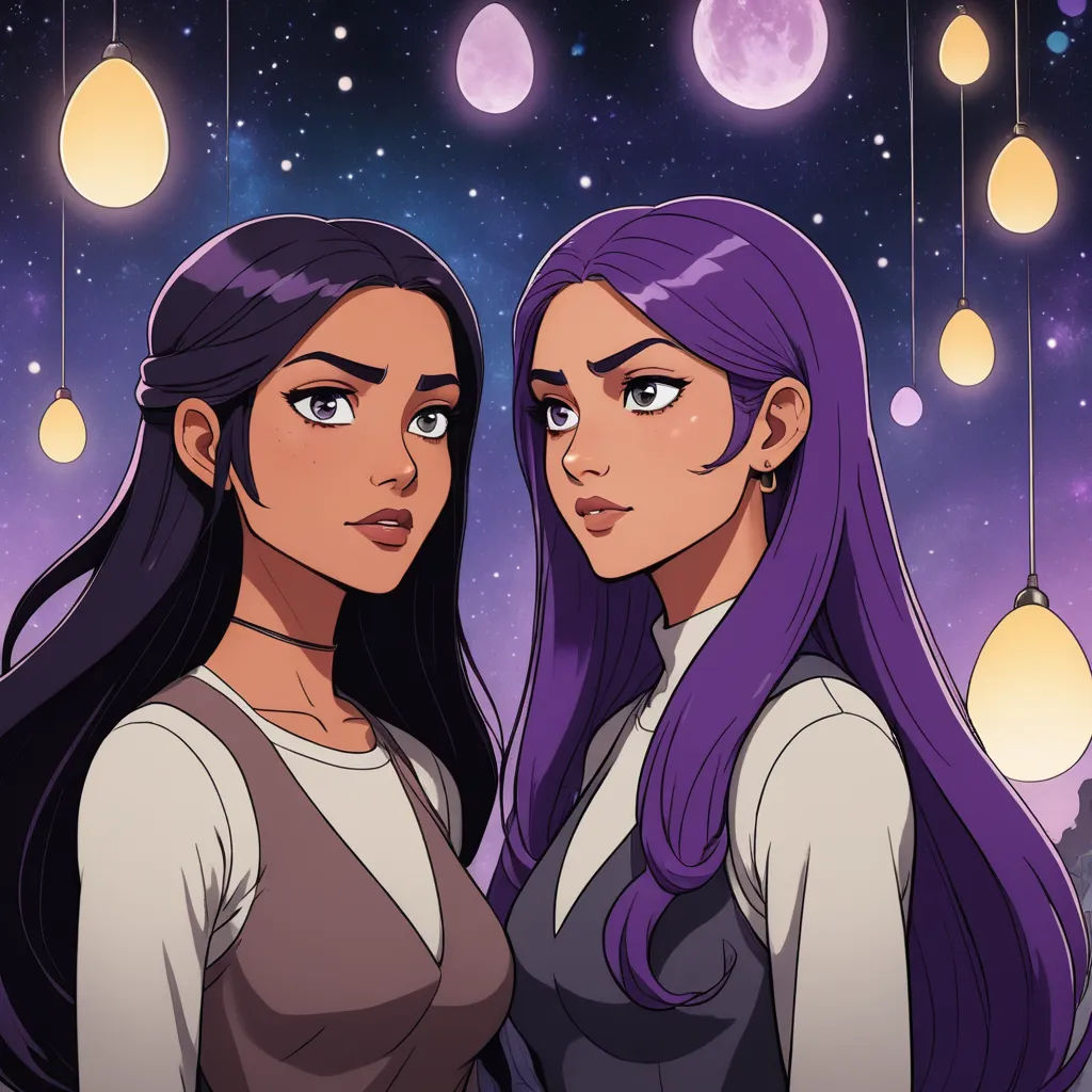 two women standing next to each other under a night sky with hanging lights and stars above them, with the moon in the background, sots art, a comic book panel, Artgerm, comic cover art