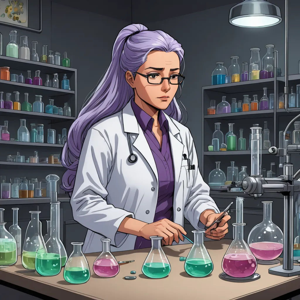 a woman in a lab coat is looking at a flask of liquid in a laboratory with a microscope, remodernism, a character portrait, Constance Gordon-Cumming, official art