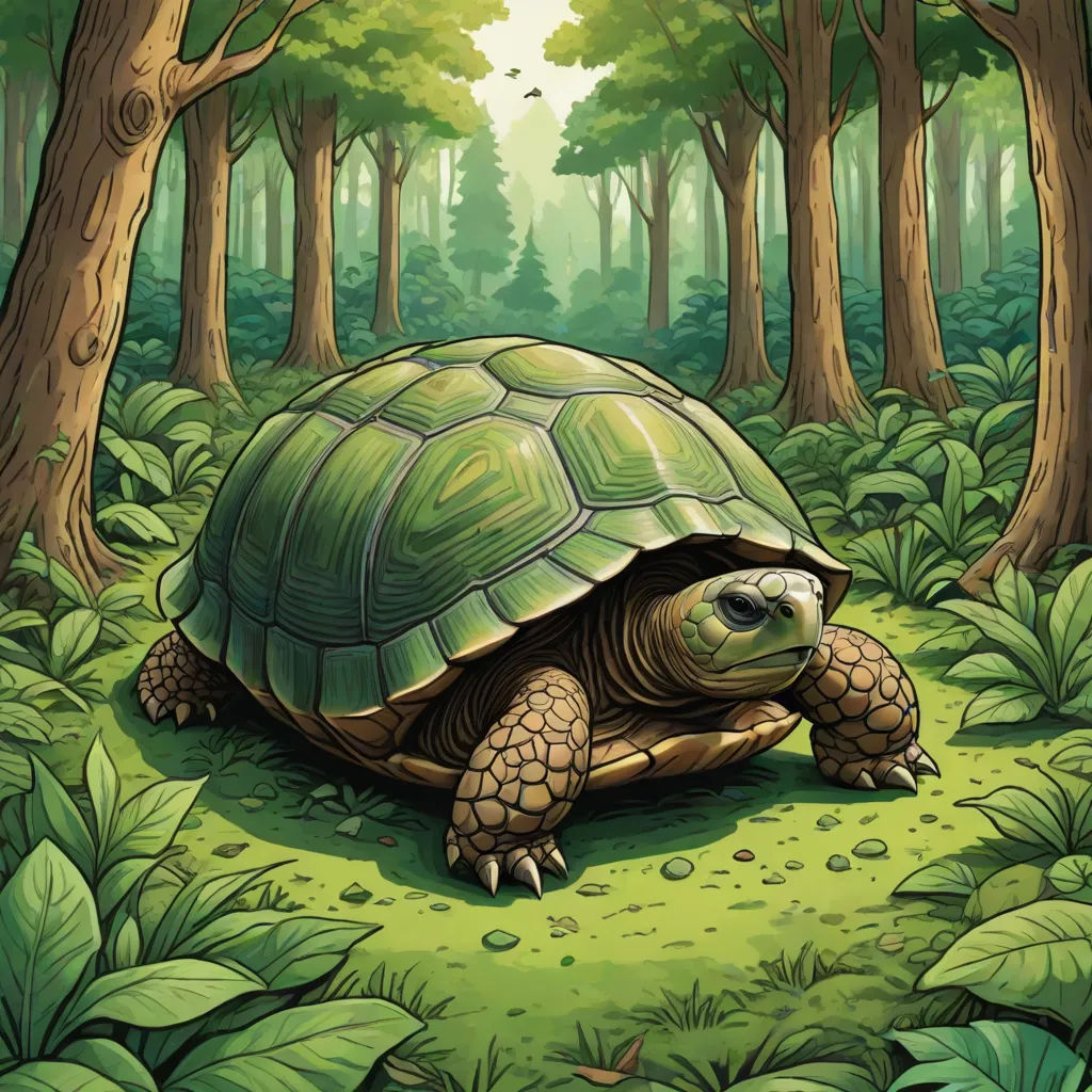 a turtle in the middle of a forest with trees and grass around it, with a sun shining on the ground, fantasy art, an illustration of, Chris LaBrooy, golden ratio illustration