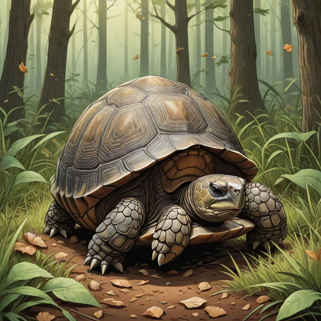 a painting of a turtle in a forest with leaves on the ground and trees in the background, with leaves on the ground, altermodern, a storybook illustration, Chris LaBrooy, magic the gathering artwork