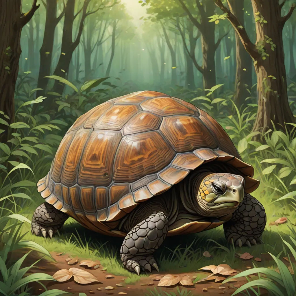 a painting of a turtle in a forest with trees and leaves on the ground and a path leading to it, sots art, an illustration of, Brom, magic the gathering artwork