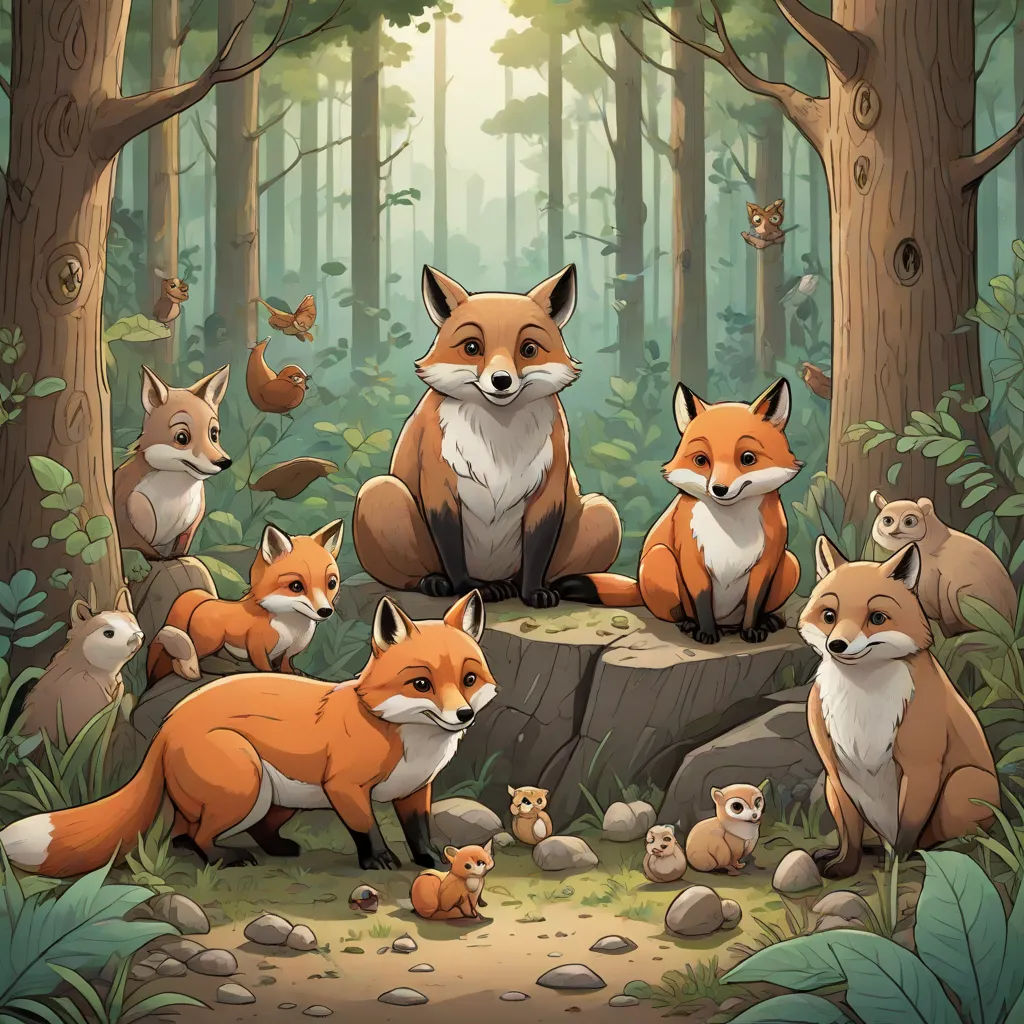 a group of foxes in a forest with rocks and trees around them, with a baby fox sitting on the ground, furry art, a storybook illustration, Dan Mumford, official art