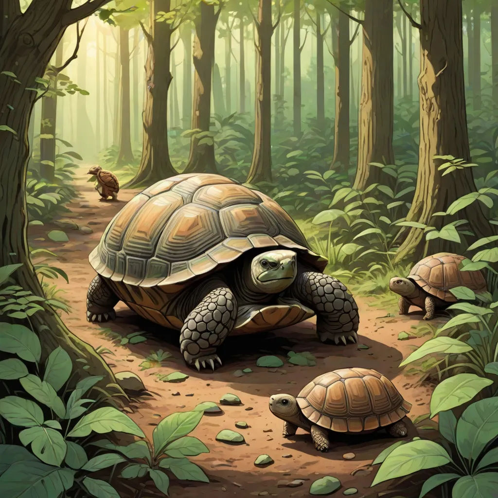 a painting of two tortoises in a forest with a squirrel in the background and a dog in the foreground, altermodern, an illustration of, Dan Mumford, magic the gathering artwork