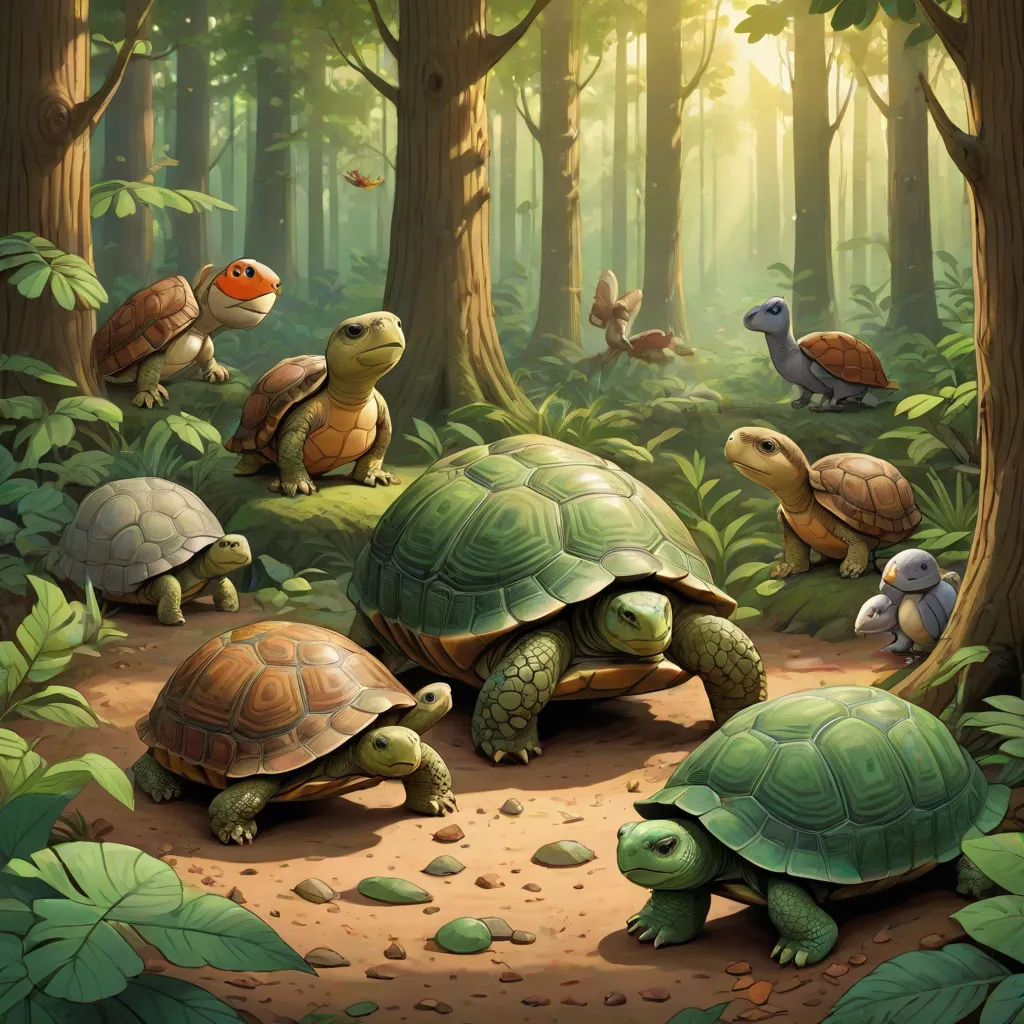 a group of turtles walking through a forest filled with trees and plants, with a bird on the ground, fantasy art, a storybook illustration, Chris LaBrooy, official art