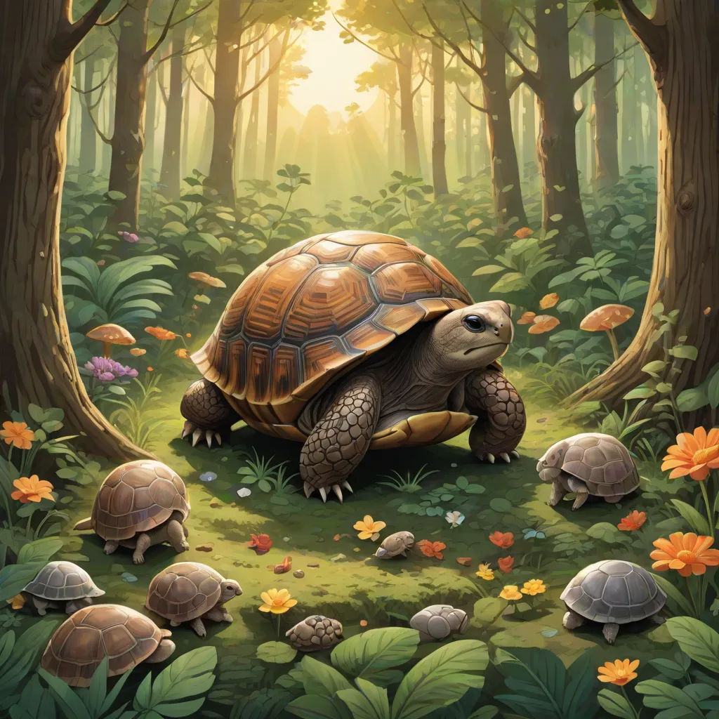 a painting of a turtle and its babies in a forest with flowers and trees in the background, with the sun shining through the trees, fantasy art, a storybook illustration, Chris LaBrooy, official art