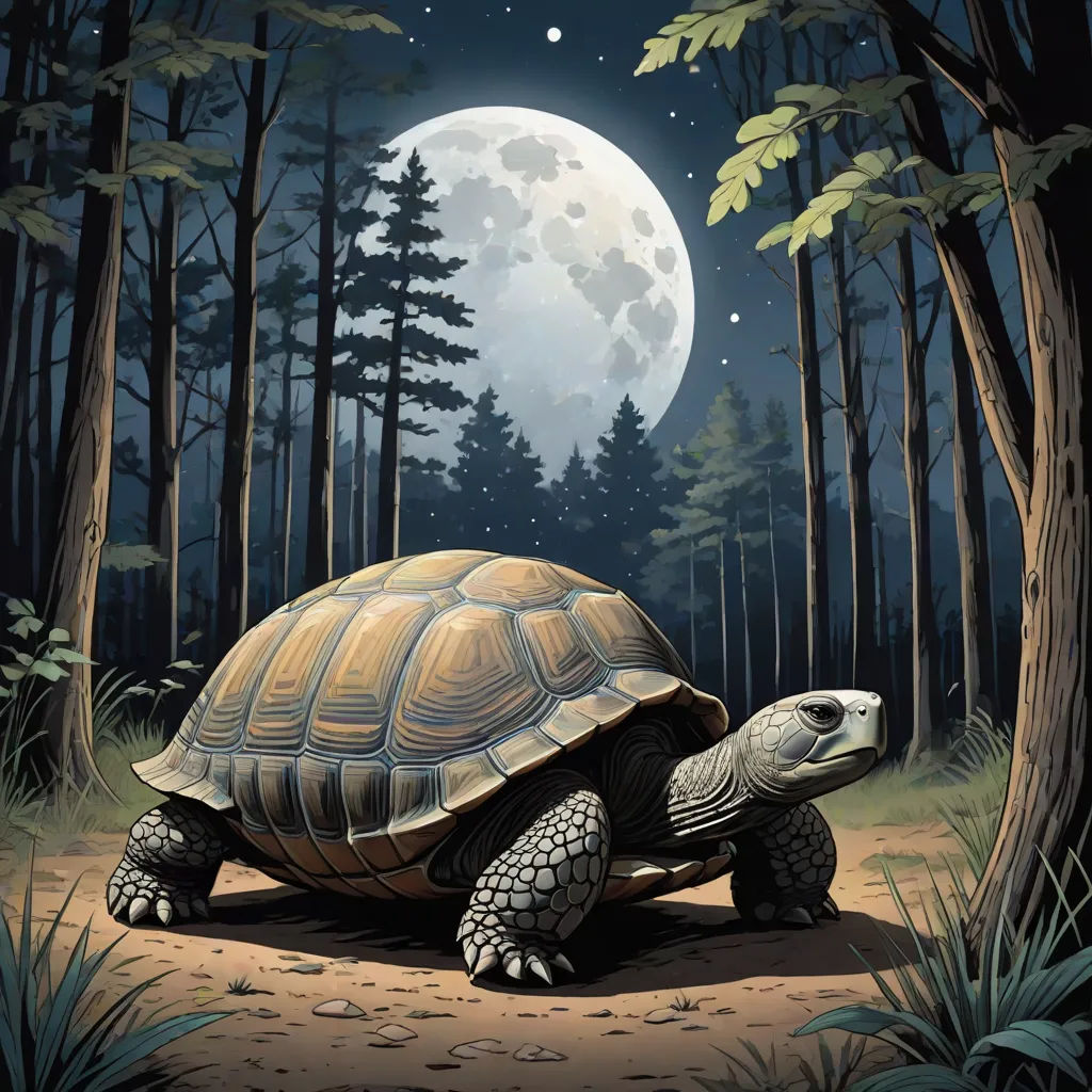 a large turtle walking through a forest under a full moon sky with trees and bushes around it, with a full moon in the background, fantasy art, a storybook illustration, David A Hardy, walton ford