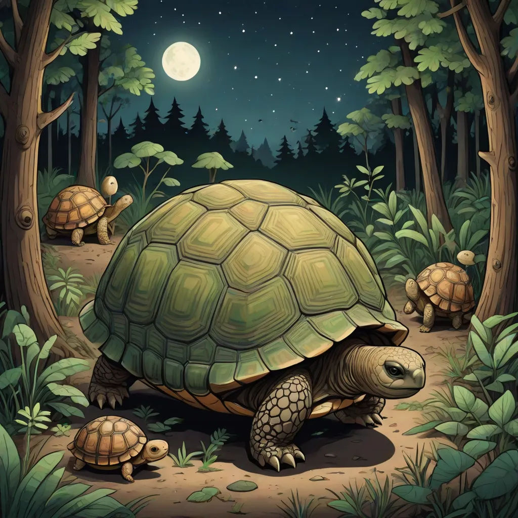 a painting of a turtle and two tortoises in a forest at night with the moon in the sky, fantasy art, a storybook illustration, Dan Mumford, storybook illustration