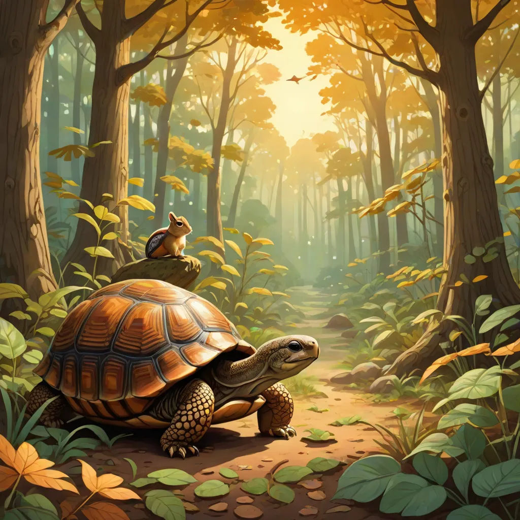 a painting of a turtle and a squirrel on a path in a forest with leaves and trees, with a sun shining through the trees, fantasy art, a storybook illustration, Chris LaBrooy, storybook illustration