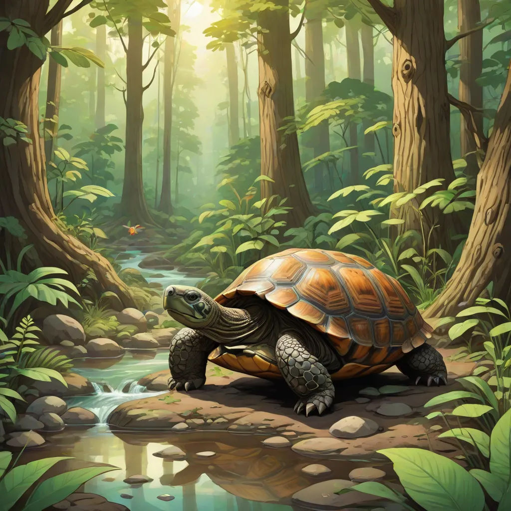 a painting of a turtle in a forest with a stream running through it's habitat, with a butterfly flying above it, hudson river school, a storybook illustration, Chris LaBrooy, magic the gathering artwork