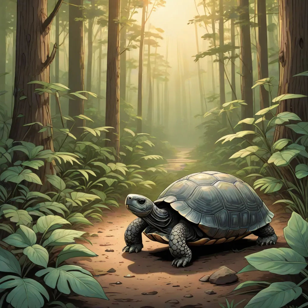a turtle is walking through a forest with tall trees and leaves on the ground and a path leading to the top of the turtle, fantasy art, a storybook illustration, Chris LaBrooy, magic the gathering artwork