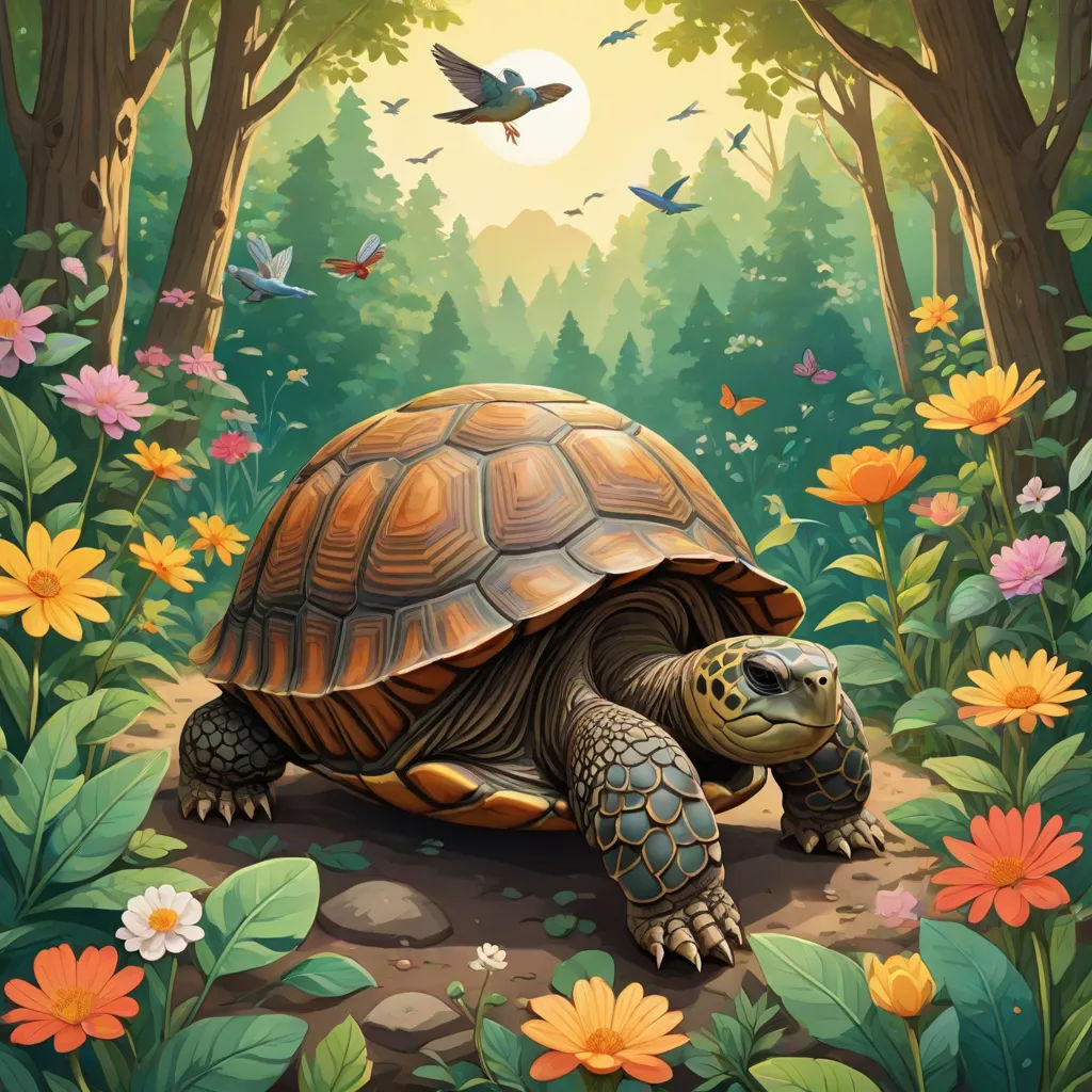 a turtle in the middle of a forest with flowers and birds flying around it, and a bird flying above it, fantasy art, a storybook illustration, Chris LaBrooy, highly detailed digital painting