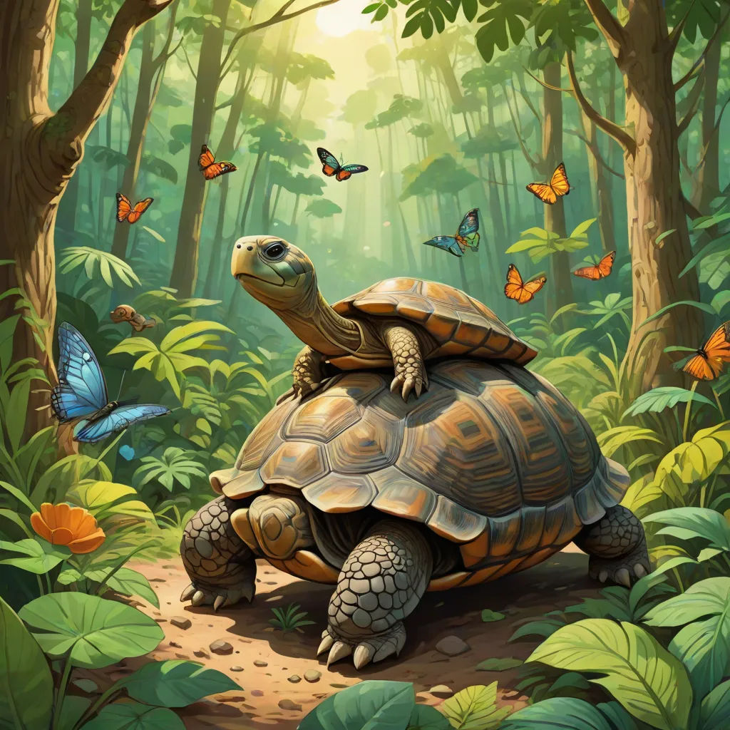 a painting of a turtle in the middle of a forest with butterflies flying around it and a butterfly on its back, fantasy art, a storybook illustration, Chris LaBrooy, magic the gathering artwork