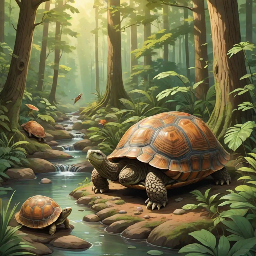 a painting of two turtles in a forest by a stream of water and trees with birds flying above them, fantasy art, a detailed matte painting, Chris LaBrooy, magic the gathering artwork