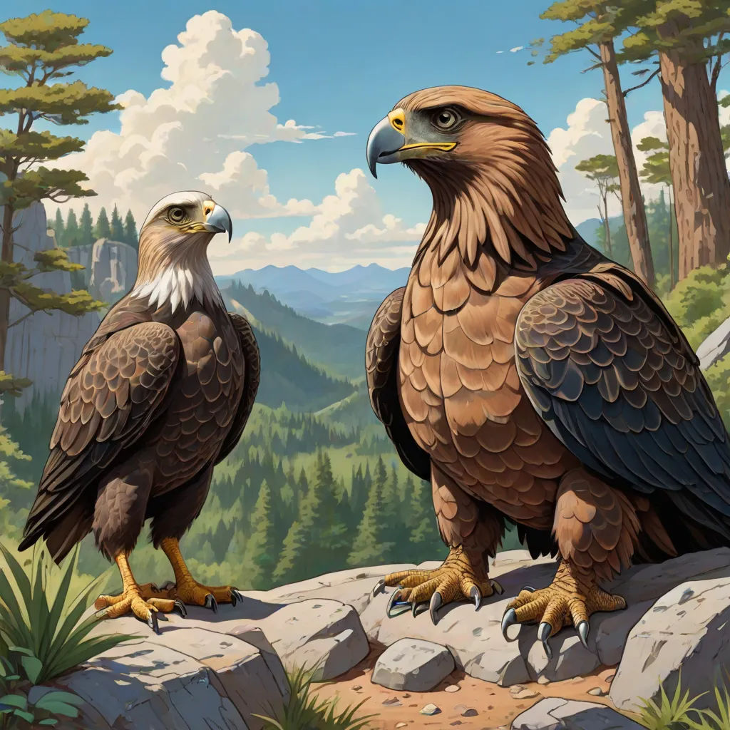 two large birds standing on top of a rock covered hillside next to a forest filled with trees and mountains, american scene painting, an airbrush painting, Brothers Hildebrandt, highly detailed digital painting