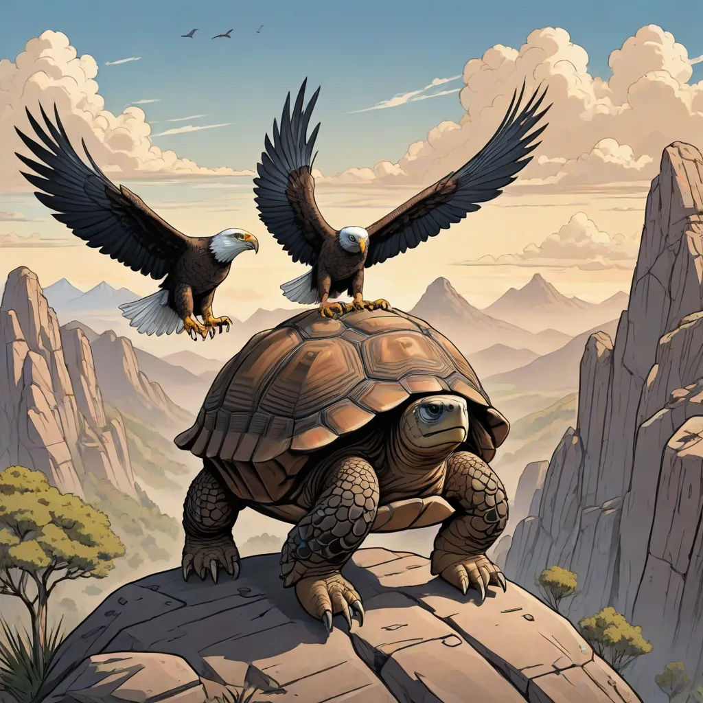 a painting of two bald eagles sitting on top of a turtle with wings spread out and two bald eagles perched on top of the turtle, fantasy art, a storybook illustration, Brothers Hildebrandt, walton ford