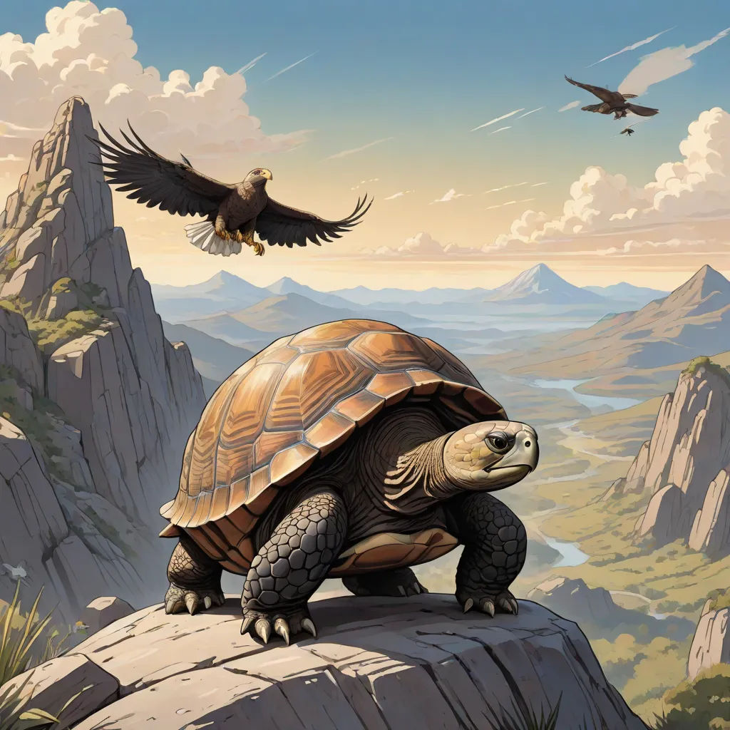 a painting of a turtle and a bird on a mountain top with a sky background and clouds in the background, fantasy art, a storybook illustration, Chris LaBrooy, magic the gathering artwork