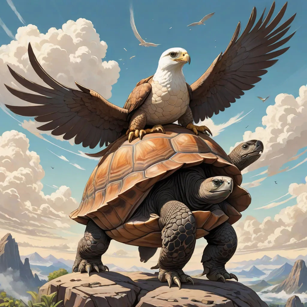 a bird sitting on top of a turtle on a rock with a sky background and clouds in the background, fantasy art, a detailed painting, Clint Cearley, magic the gathering artwork