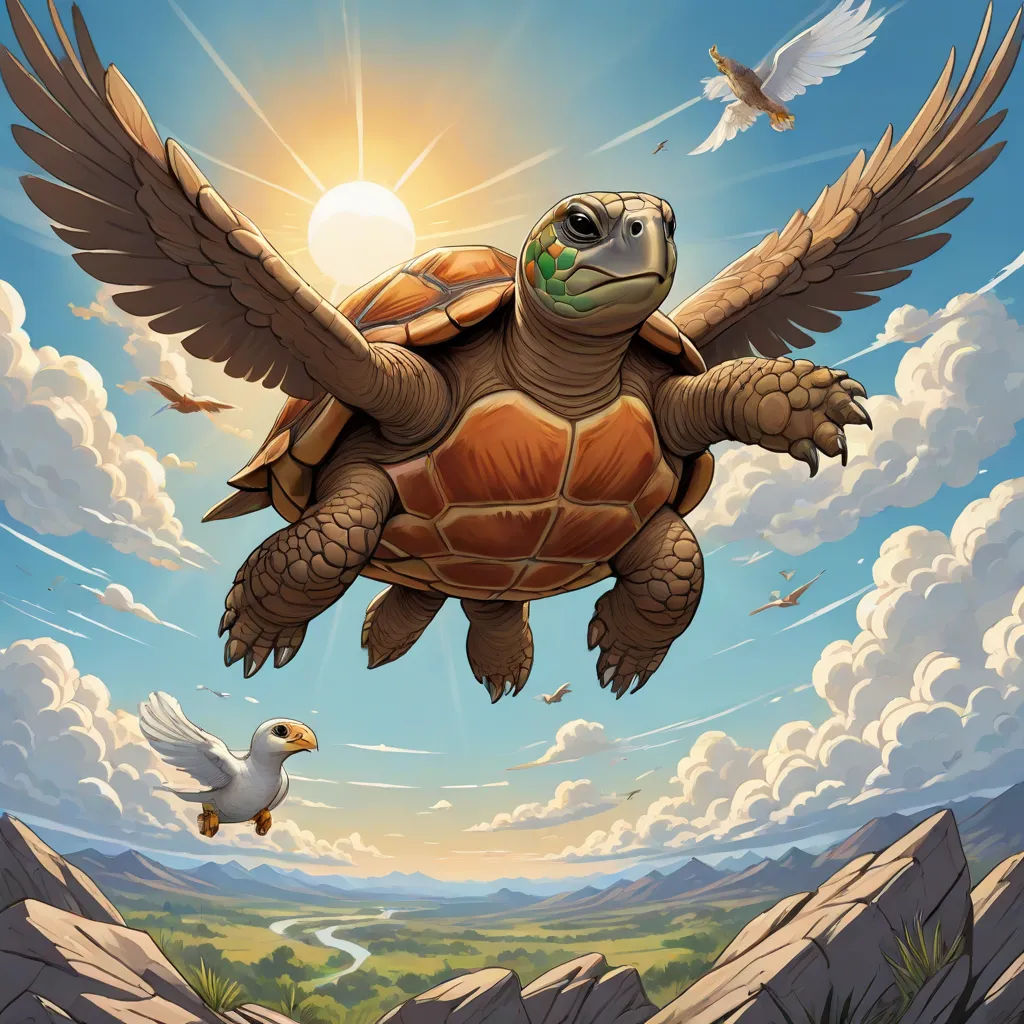 a turtle flying over a bird in the sky with clouds and sun in the background and a bird flying over the ground, fantasy art, a storybook illustration, Chris LaBrooy, highly detailed digital painting