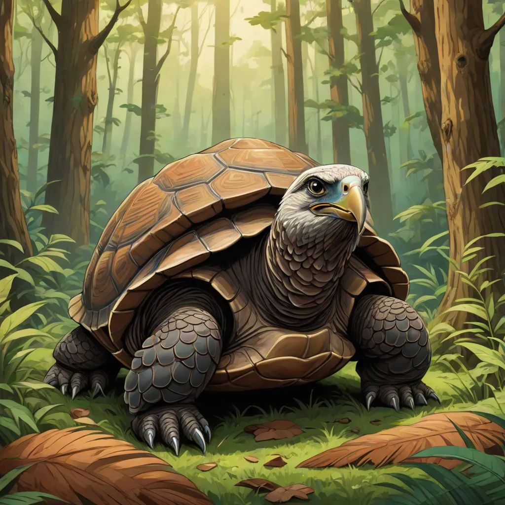a large turtle in the middle of a forest with trees and grass around it, with a bird on its back, american scene painting, an illustration of, Chris LaBrooy, magic the gathering artwork