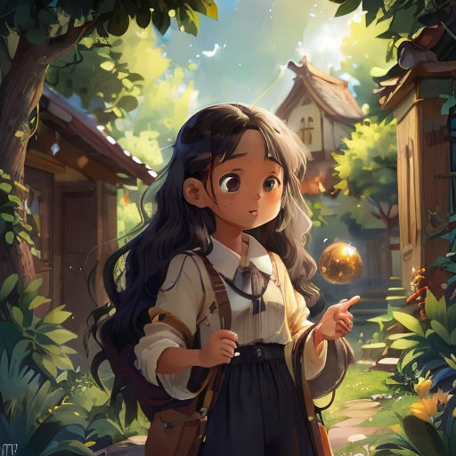 a girl in a dress holding a bubble in a forest with a house in the background and a tree