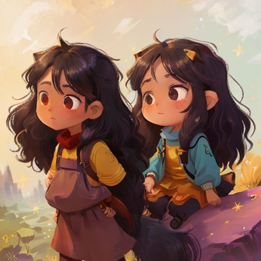 two young girls standing next to each other on a hill with stars in the sky above them and a mountain behind them