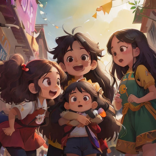 a group of children standing next to each other in a city street with a woman holding a child on her lap