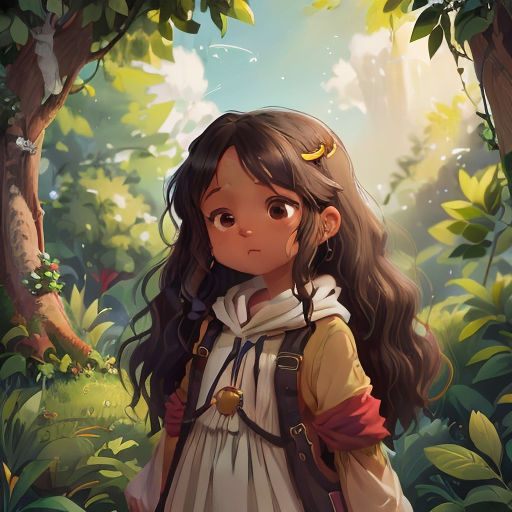 a girl in a dress standing in a forest with a tree in the background and a bird on her head