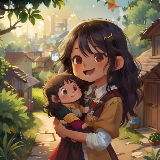 a girl holding a small child in her arms in a village with trees and buildings in the background, with a bird flying overhead
