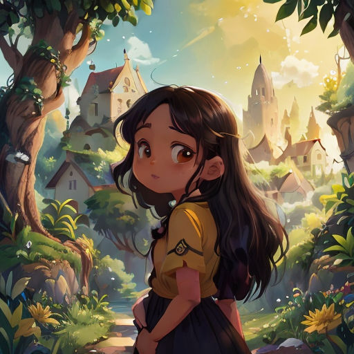 a girl in a yellow shirt and black skirt standing in front of a forest with houses and trees on it