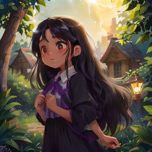 a girl in a black dress standing in front of a tree and a lantern light in the background, with a house in the background