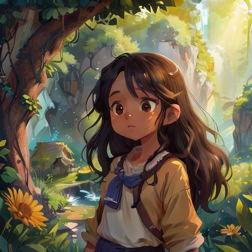 a girl standing in the middle of a forest with a stream in her hand and a sunflower in her hand