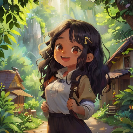 a girl with long hair and a backpack in a forest with a house in the background and a bird on her shoulder