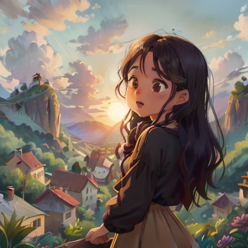 a girl looking at the sunset in a cartoon style, with a mountain in the background and a village in the foreground