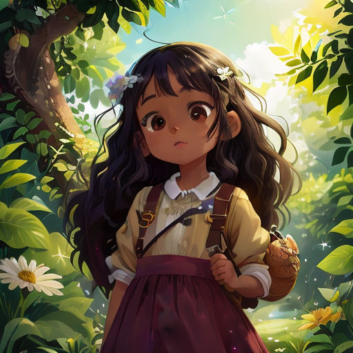 a girl in a dress standing in a forest with flowers on her head and a bird in her hand
