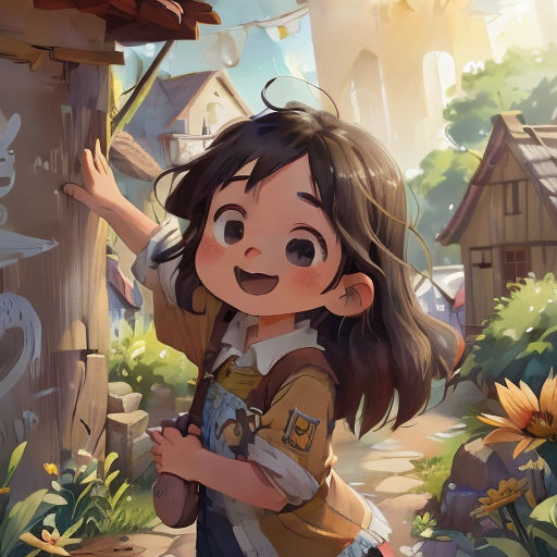a girl is standing in front of a wooden post and looking at the camera with a smile on her face