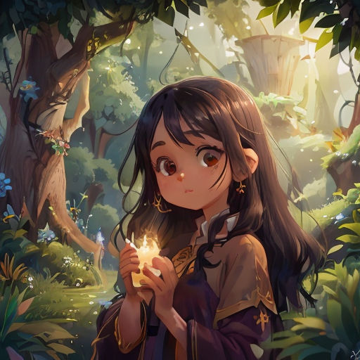 a girl holding a candle in a forest with trees and plants around her, with a forest background and a forest scene