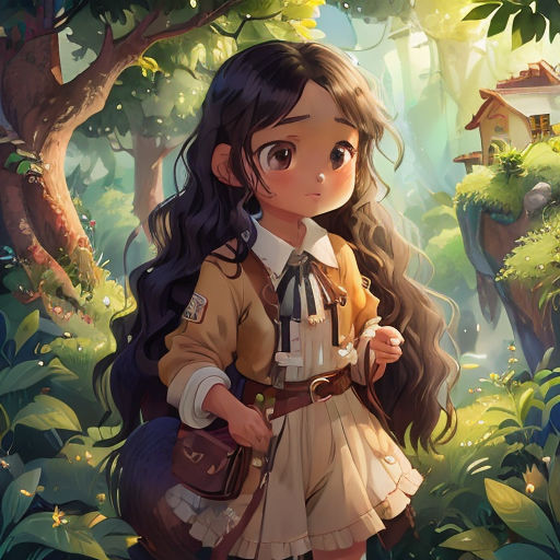 a girl in a brown dress standing in a forest with a bag and a backpack on her shoulder and a house in the background