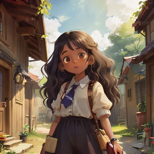 a girl in a school uniform is standing in a village with a backpack on her shoulder and a backpack on her shoulder