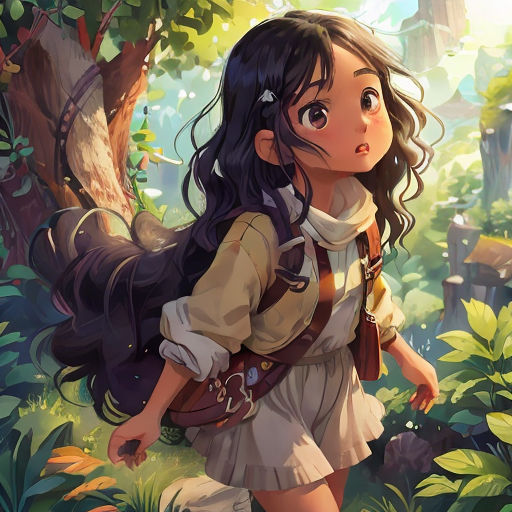a girl with long hair and a backpack walking through a forest with a squirrel on her back and a squirrel on her shoulder