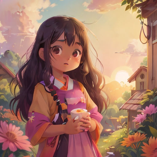 a girl in a pink dress holding a cup of coffee in front of a flower garden with a bird on it