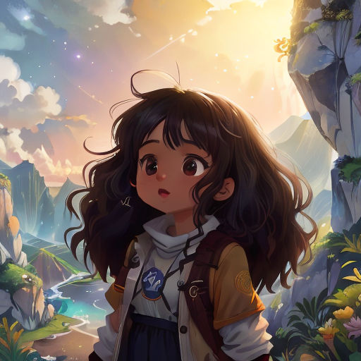 a girl standing in front of a mountain with a sky background and clouds above her, and a star in the sky
